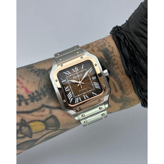 Custom Seiko Mod • Brown Guilloche Vignette 2-Tone Rose Gold Steel Santos • 38mm